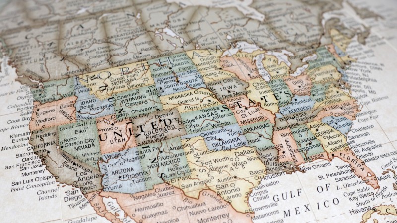 A close-up/macro photograph of the United States of America from a desktop globe.